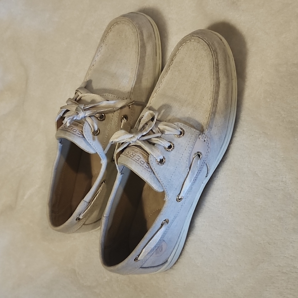 Sperry Women's Canvas Boat Shoes - Beige and White